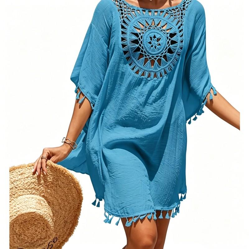 Boho Sommer Strand Häkel-Überwurf - Lockeres Mini-Kleid mit Quasten für Urlaub & Schwimmbad