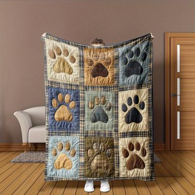 Paw Print Flannel Blanket - Soft Warm Plush | Multi-Color Patchwork | Bedroom/Living Room Home Decor