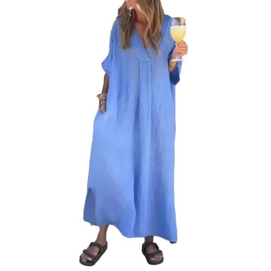 Women's Loose Maxi Dress V-Neck Short Sleeve Long Dress Summer Casual A-Line Beach Sundress