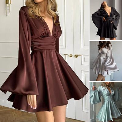 Women's Satin Mini Dress Flared Long Sleeve Deep V-Neck Short Dress A-line High Waisted Flowy Dress for Club Cocktail Party