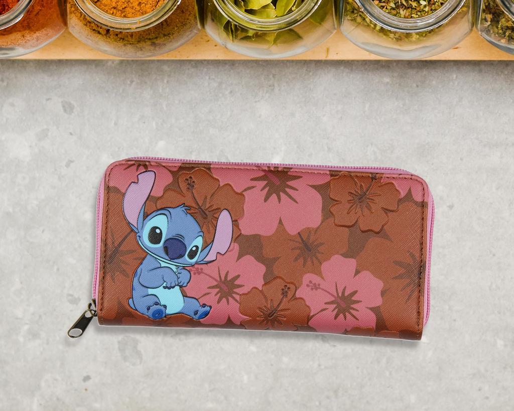 Bioworld Disney Lilo & Stitch All-Over Floral Stamp Design Stitched Faux Leather Full-Zip Wallet Bifold
