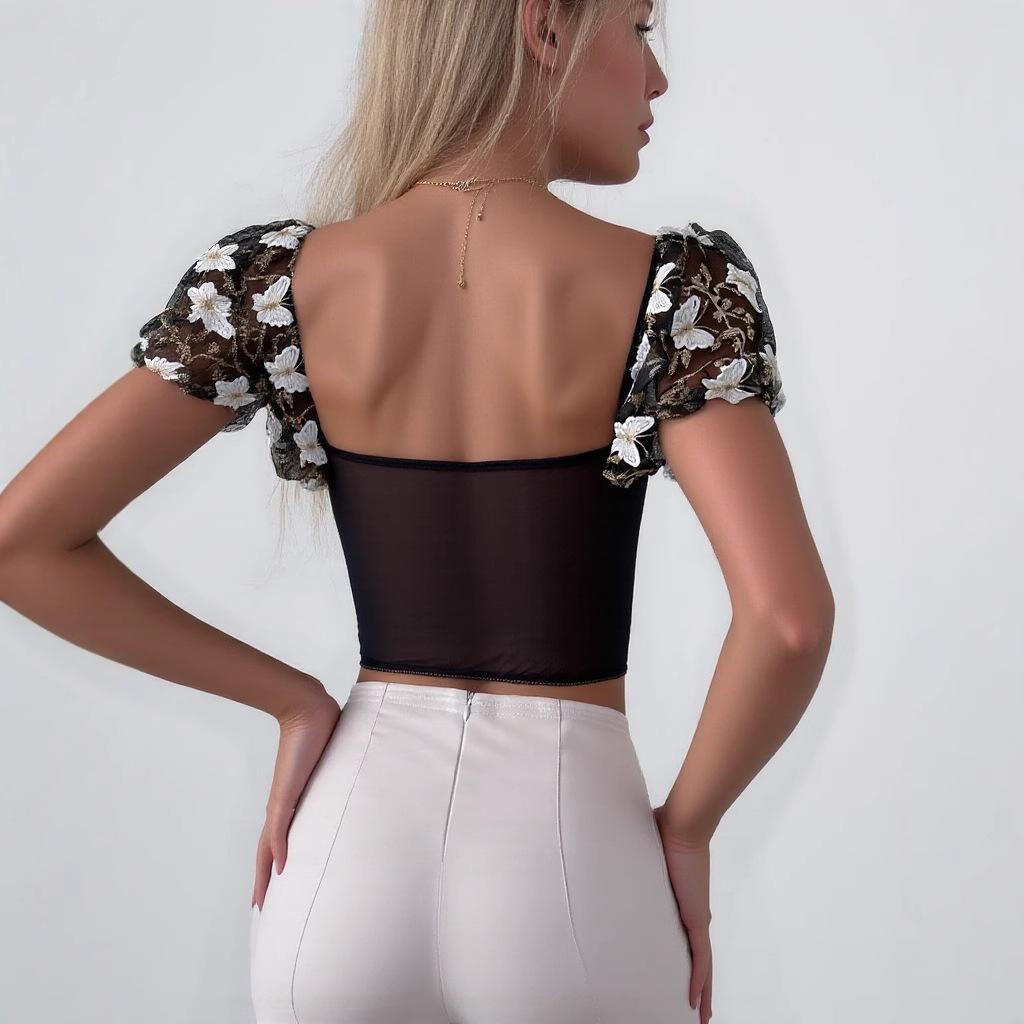 European and American Women's Clothing Splicing Mesh Vest, Short-sleeved Spice Girl Wind Backless Perspective Butterfly Embroidery Suspenders