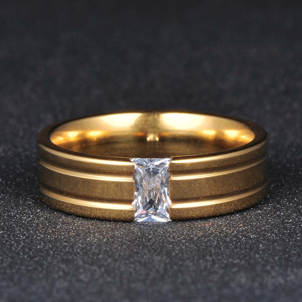 JeeMango Channel Setting Single CZ Crystal Rings Gold Color 316L Stainless Steel Wedding Engagement Ring Jewelry Gift JR17149