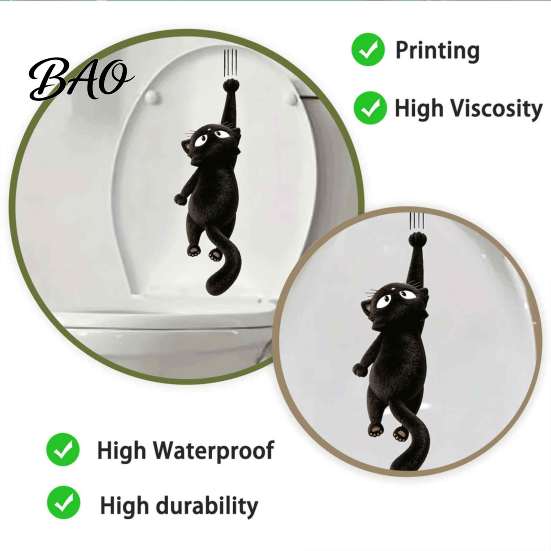 Self Adhesive PVC Decals Furry Black Cat Toilet Seat Sticker, Waterproof Bathroom Decal, Removable Humorous Wall Decor Cute Animal Art for Tank