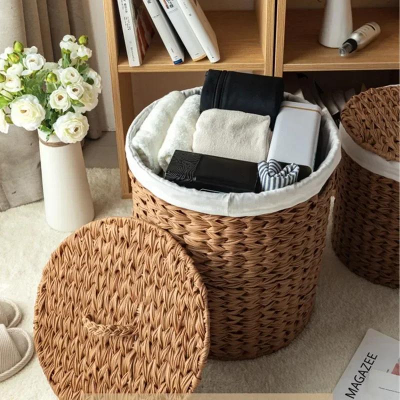 For Large Rattan Woven Laundry Baskets European Dust Cover Clothing Storage MultiFunction Children's Organizer