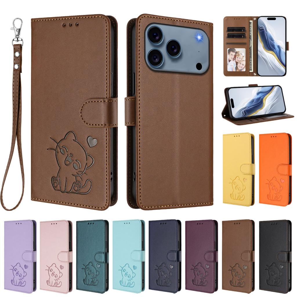 For iPhone 17 Pro Wallet Case with Wrist Strap Love Cat Pattern Imprint Leather Phone Cover