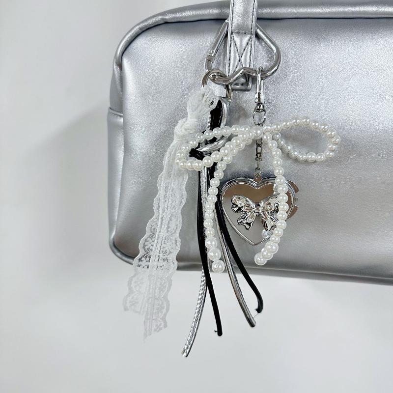 Y2K Mode Perlen Schleife Silber Herz Spiegel Schlüsselanhänger Anhänger Mode Exquisit Girly Schlüsselanhänger Tasche Anhänger Für Mädchen Geschenk
