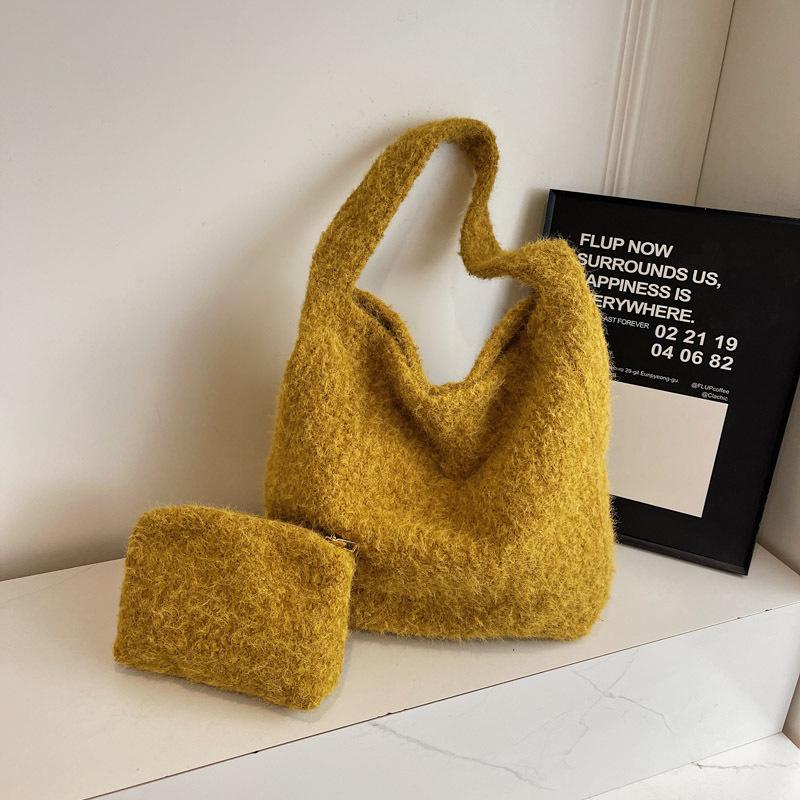 New Trendy Autumn and Winter Korean Solid Color Hairy Large Capacity Tote Bag