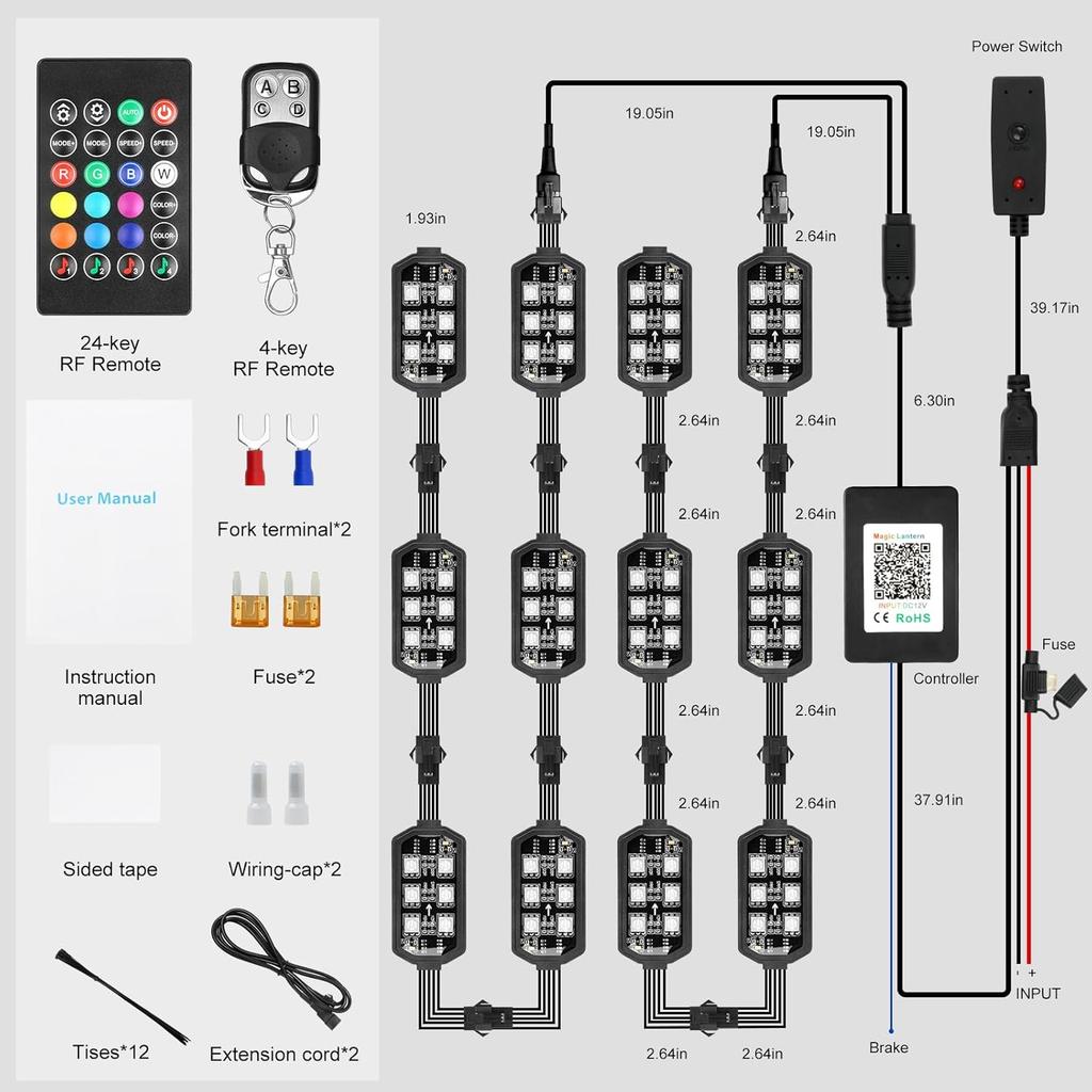 Motorcycle LED Underglow Kit, ICICAR 12 Pcs APP Control RGB Chasing Mode 16 Million Color Dual Remote Music Mode IP68 Waterproof Led Lights,