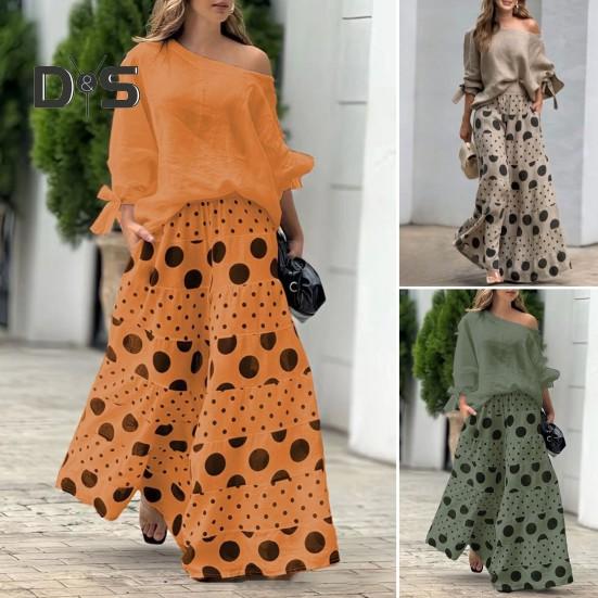 2 Pcs/Set Women T-shirt Pants Set Slant Neck One Shoulder Long Sleeve Bow Cuff Top Loose High Waist Wide Leg Printed Long Trousers Casual Dating