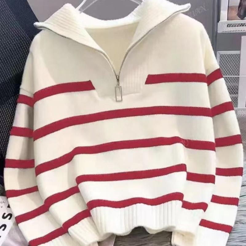 Autumn Winter Stand Color Vintage Striped Patchwork Pullover Sweater Women Loose Casual All-match Knitting Top