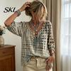 Boho Locker Bluse Damen Sommer Lässiges Hemd, V-Ausschnitt Schnürung 3/4 Ärmel Bluse, Kariert Dreiviertel Puff Oberteil Druck Fließende Oberteile, Leicht Atmungsaktiv
