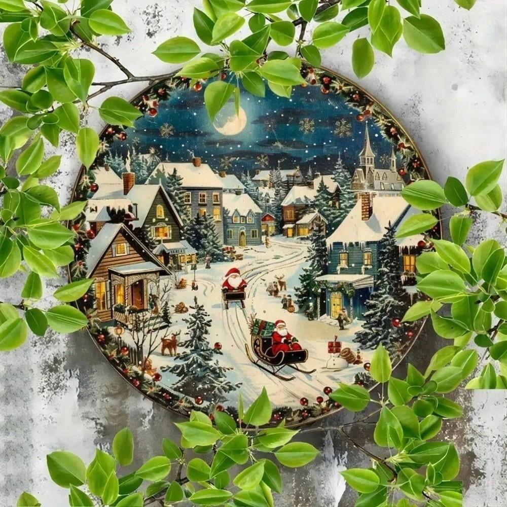 Vintage Christmas Tin Sign Metal Wall Art, Retro Round Foil Carving Decor for Home Kitchen Bar