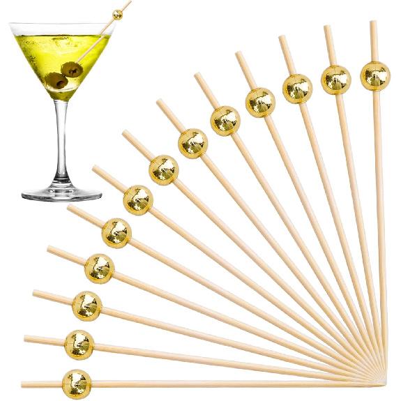 Yesland 500 Counts Cocktail Picks - 4 3/4 Inch Handmade Bamboo Toothpicks - Wooden Sticks with Gold Pearl for Party Supplies