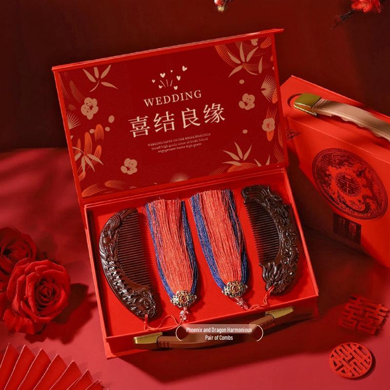 Elegant Sandalwood Comb Gift Set for Bride and Groom - Perfect for Engagement or Wedding