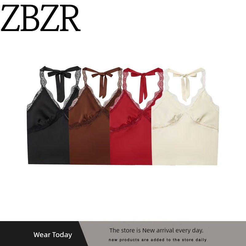 Za Autumn New Arrivals Women's Clothing Zr European and American Style Lace Halter V-Neck Double-Sided Satin Short Backless Camisole Top