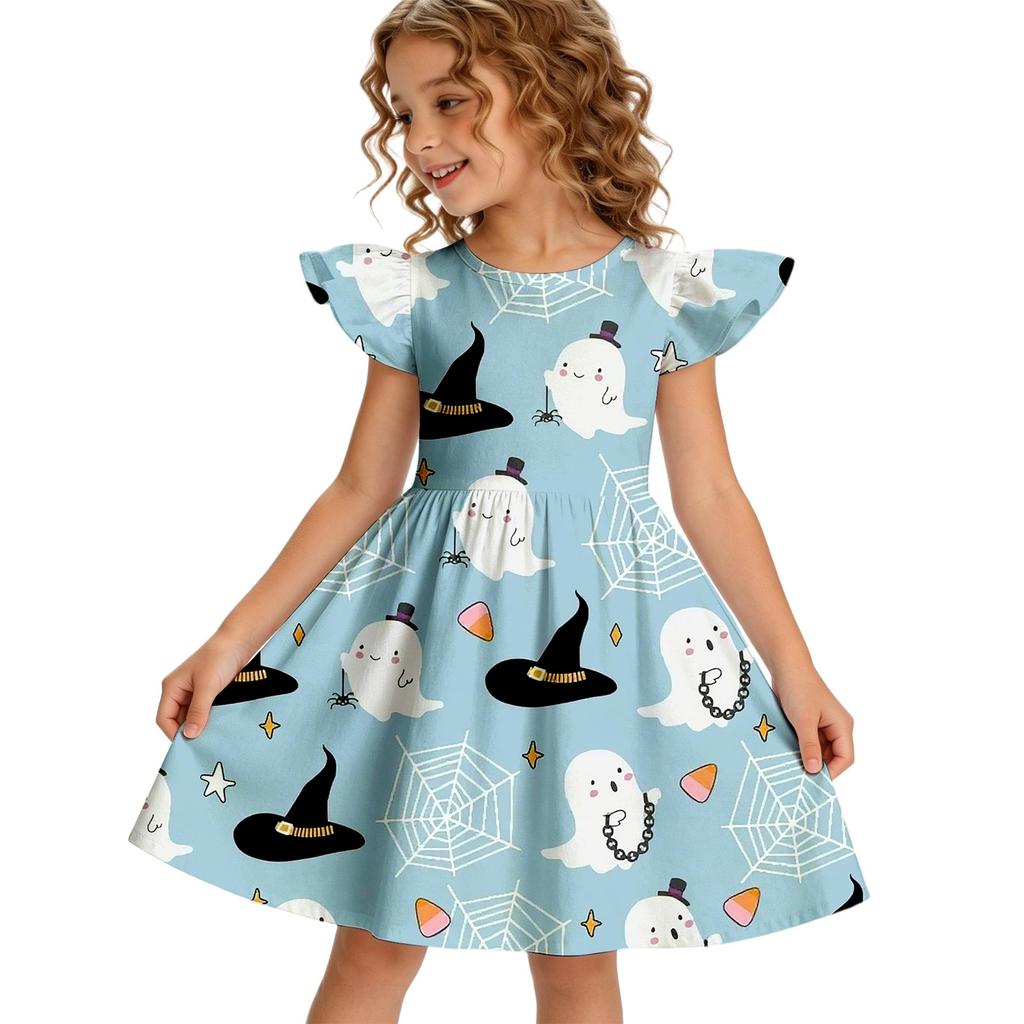 Girls Halloween Casual Dress Ruffle Sleeve Pumpkin Print Round Neck Cotton Dress for Kids Comfortable Fit Toddler Party Dress