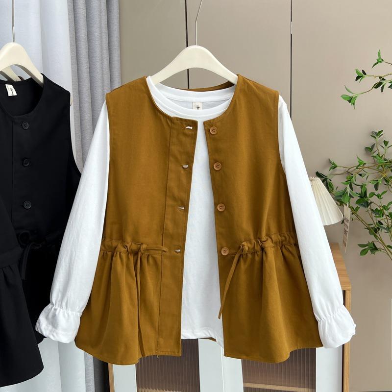 Plus Size Women Casual Solid Waist Cinching Sleeveless Vest Cardigan