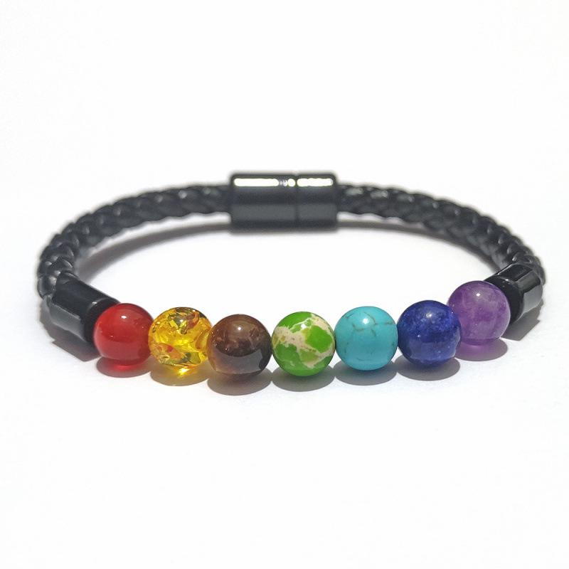 New European & American Men's Stone Beaded Leather Bracelet with Magnetic Buckle