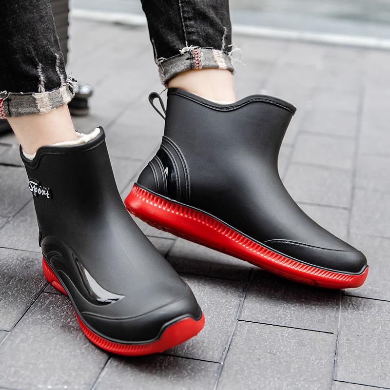 Fleece Rain Shoes Men's Fashion New Short Tube Non-slip Warm Rain Boots Short Water Shoes Work Outdoor Rubber Shoes