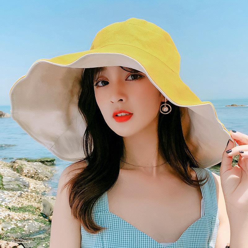Solid Color Oversized Eaves Bucket Hat Women's Summer Versatile Sunscreen Visor Double-sided Outdoor Fashion Foldable Hat