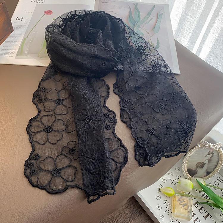 

Тонкий кружевной женский шарф для защиты от солнца летом и элегантной защиты шеи 138*30cm чёрный