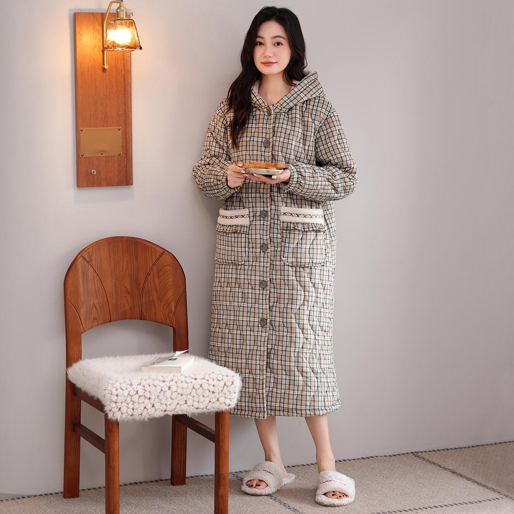 nightgown women's winter coral fleece thickened and piled three-layer padded cotton winter flannel new padded jacket loungewear