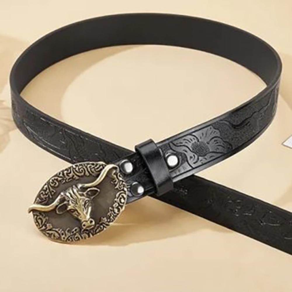 Floral Engraved Western Cowboy Waistband PU Leather Longhorn Bull Belt  Waist Accessories