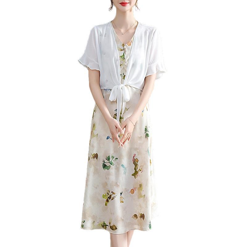 2026 Summer Fashion Chiffon Two-Piece Skirt Set for Middle-Aged & Elderly Women - Short Sleeve Dress