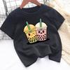 Cute Milk Tea Print Kids Crewneck Tee, Lightweight Comfort Casual Short Sleeve Summer Kids Top