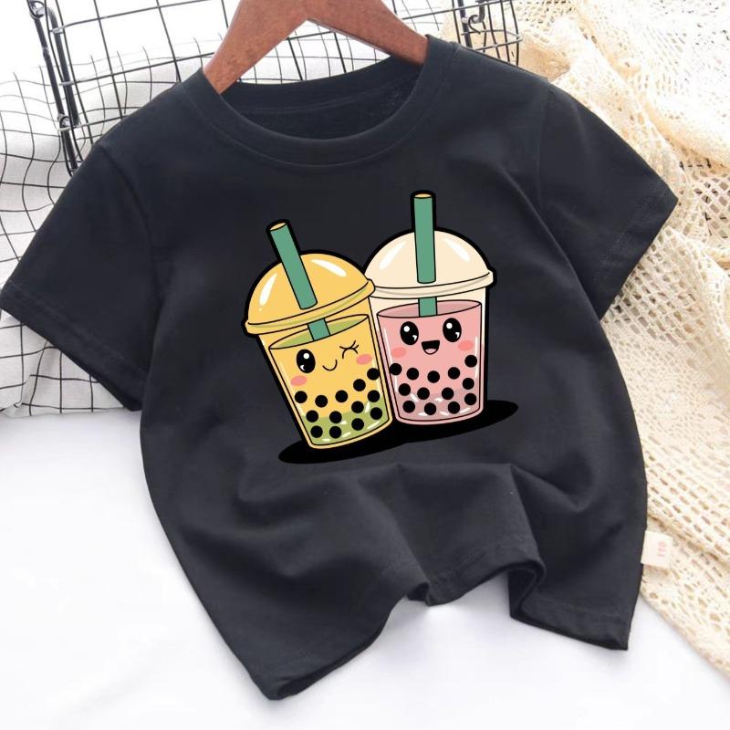 Cute Milk Tea Print Kids Crewneck Tee, Lightweight Comfort Casual Short Sleeve Summer Kids Top