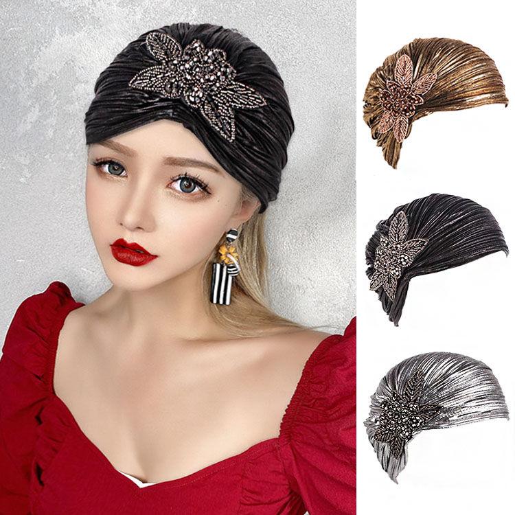 Fashionable Diamond Studded Flower Decorated Hat with Western Style Women's Handbag Headscarf Hair Cover Headband Fashion Hat