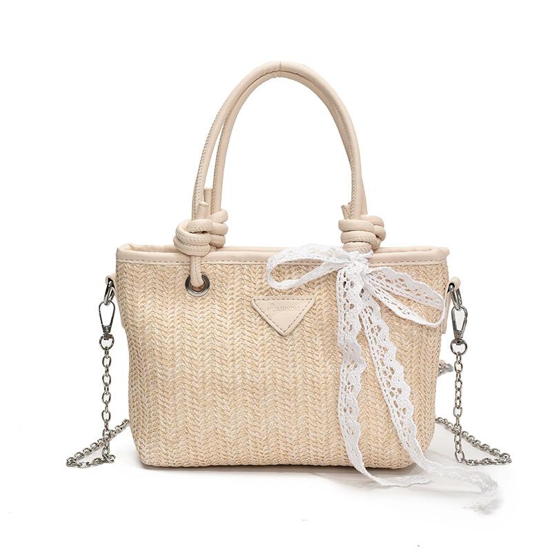 Foreign Style Contrasting Colors Straw Weaving High-end Sense Portable Bucket Bag Temperament Casual Gentle Wind Chain Messenger Bag Woman