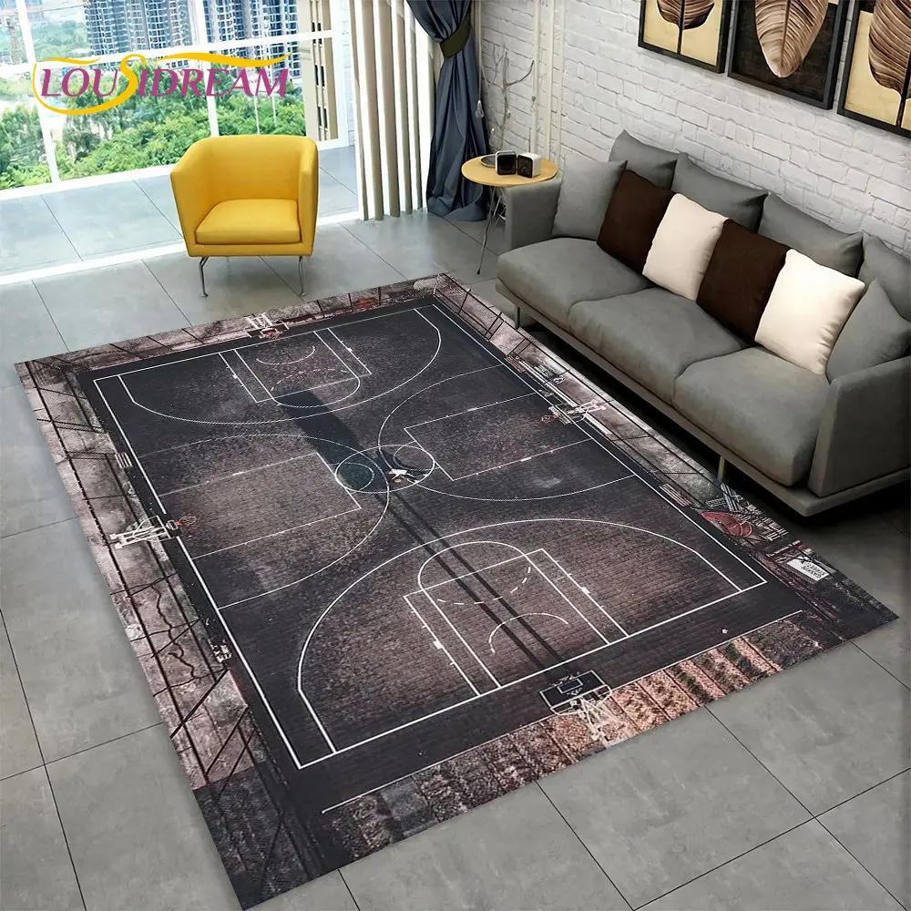 3D Basketball Cour Cartoon Area Rug Large,Carpet Rug for Living Room Bedroom Sofa Playroom Doormat Decor,Kids Non-slip Floor Mat
