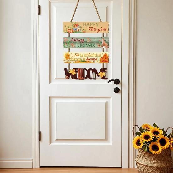 Rustic Pumpkin Door Sign Set, Wooden Scarecrow Wall Hanging Decor with Sunflower and Maple Leaf, Vintage Fall Harvest Welcome Plaque