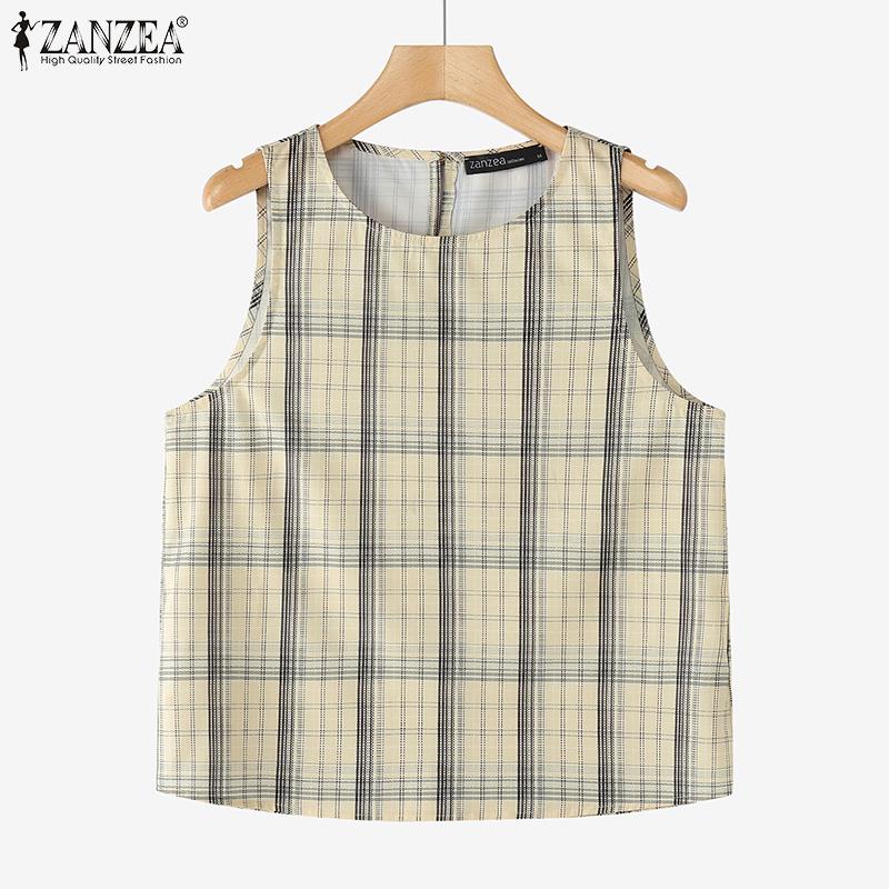 ZANZEA Women Summer Round Neck Sleeveless Grid Print Tank Tops
