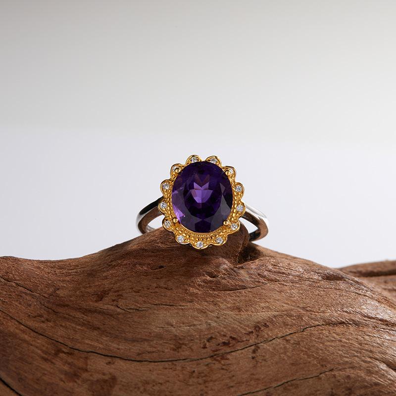 Earrings Color Treasure Ring S925 Sterling Silver Inlaid Natural Amethyst Ring Female Flower Design