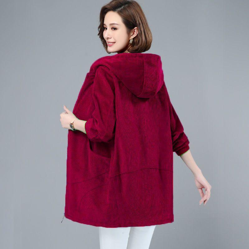 

Вельветовая куртка женская средней длины весна-осень большой размер с капюшоном свободная универсальная куртка куртка 2XL красный