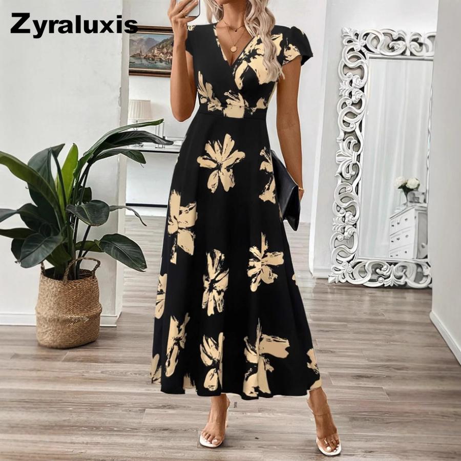 Women's Summer Fashion Printed V-Neck Ruffled Dress