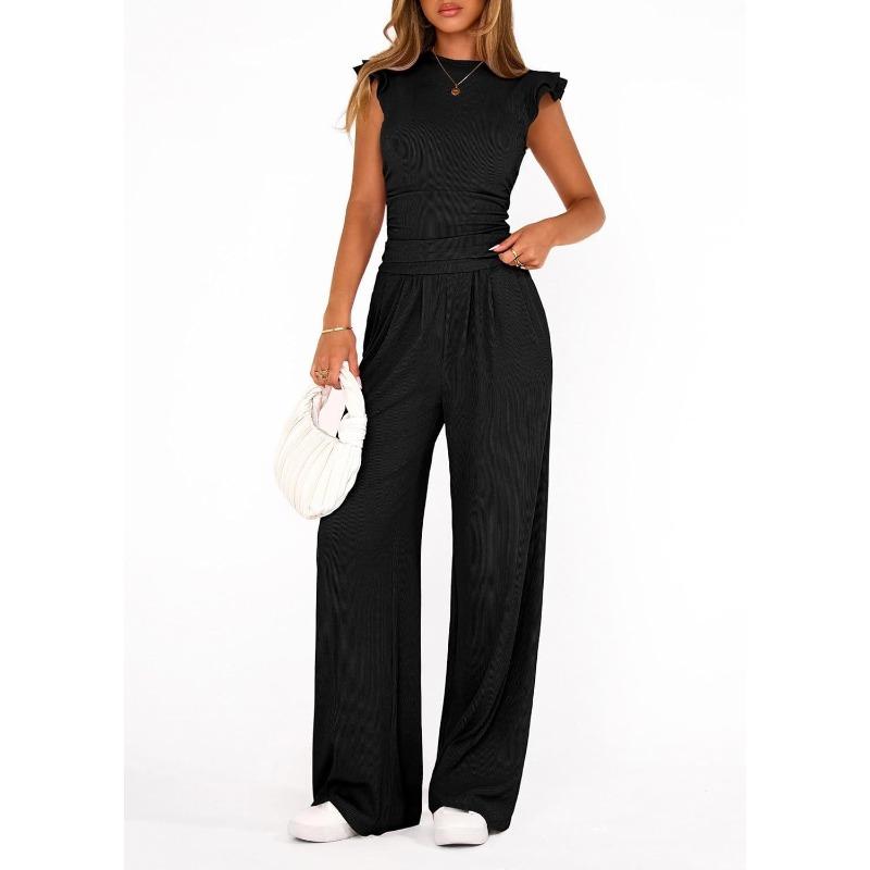 GMXIA Women's Fashion Casual Summer Spring Short Sleeve O-Neck Pants Suits