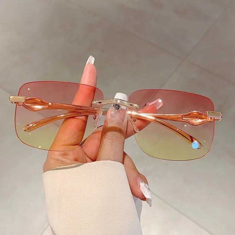 New Luxury Brand Designer Vintage Rimless Square Sunglasses Women For Men Sun Glasses Trend Punk Popular Gold Leopard Shades