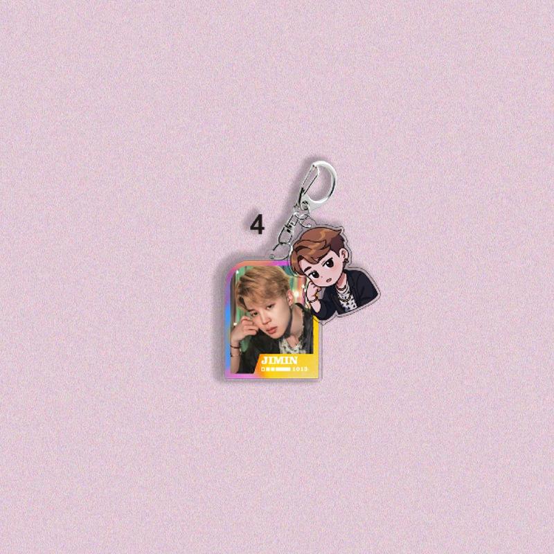 7pcs BTS Character + Cartoon Double Keychain, Laser-framed Pendant, Celebrity Merchandise Support Charm, ARMY Exclusive Merchandise