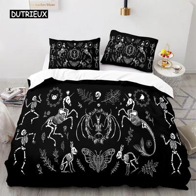 Death Moth Duvet Cover Set Queen Size Gothic Skull Boho Comforter Cover Black and White Skeleton Decorative Soft Bedding Set