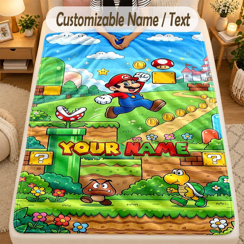 Flannel BlanketSuper Mario Custom Name Text Personalized Soft Warm Throw Blanket Home Decor Gift