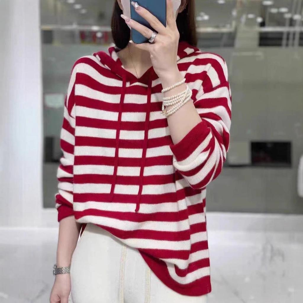 Women's Hooded Striped Knit Pullover Sweater - Loose Fit, Long Sleeve, Autumn/Winter Style.