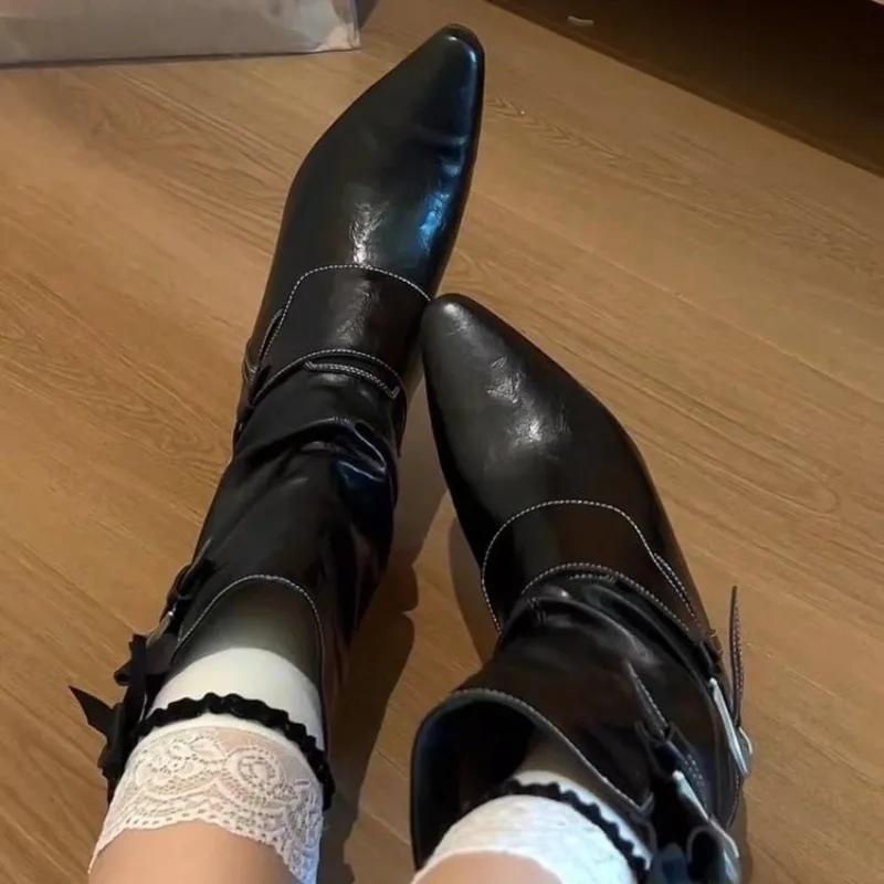 New Style Luxury Pleated Buckle Knight Boots for Women Autumn Brown Leather Mid Calf Boots Woman Slip-On Thick Heel Riding Boots