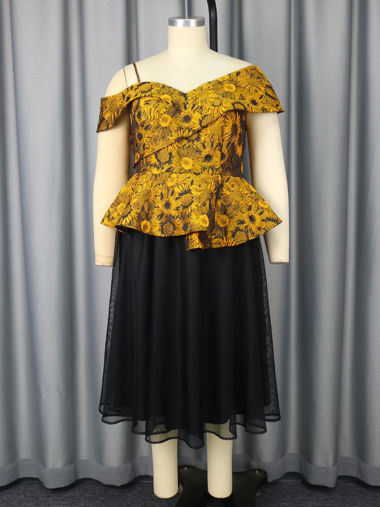 Seturi din două piese pentru femei Top peplum cu umerii goi Fustă A-line din plasă Set cu jacquard floral pentru petrecere cocktail și ocazie specială