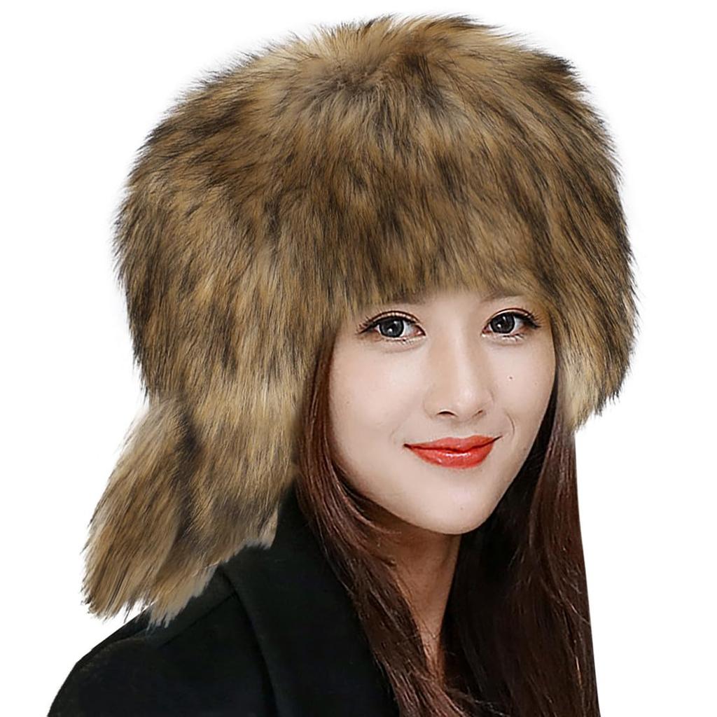 Fur Russian Hat with Drop Animal Adult Fluffy Raccoon Winter Cold Weather Flight Faux Fur Small Snow Playing in the New Brown Hat, Ears, Hat, Women's,