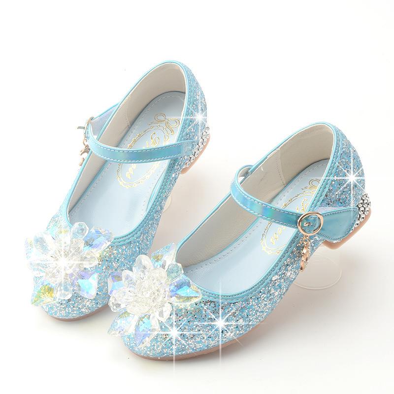 Children's High Heels Elsa Princess Shoes Spring and Autumn Girls' Crystal Shoes Soft Sole Single Shoes for Small, Medium, and Large Children silver