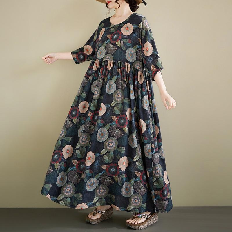 Short Sleeve Plus Size Cotton Vintage Floral New In Dresses for Women Casual Loose Long Summer Dress